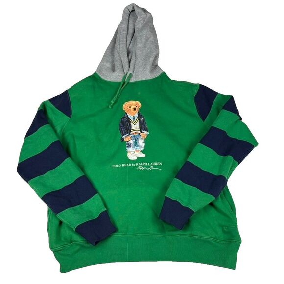 Polo Bear Ralph Lauren Hoodie Green Gray Stripe Colorblock Sweatshirt L Preppy - Picture 1 of 7